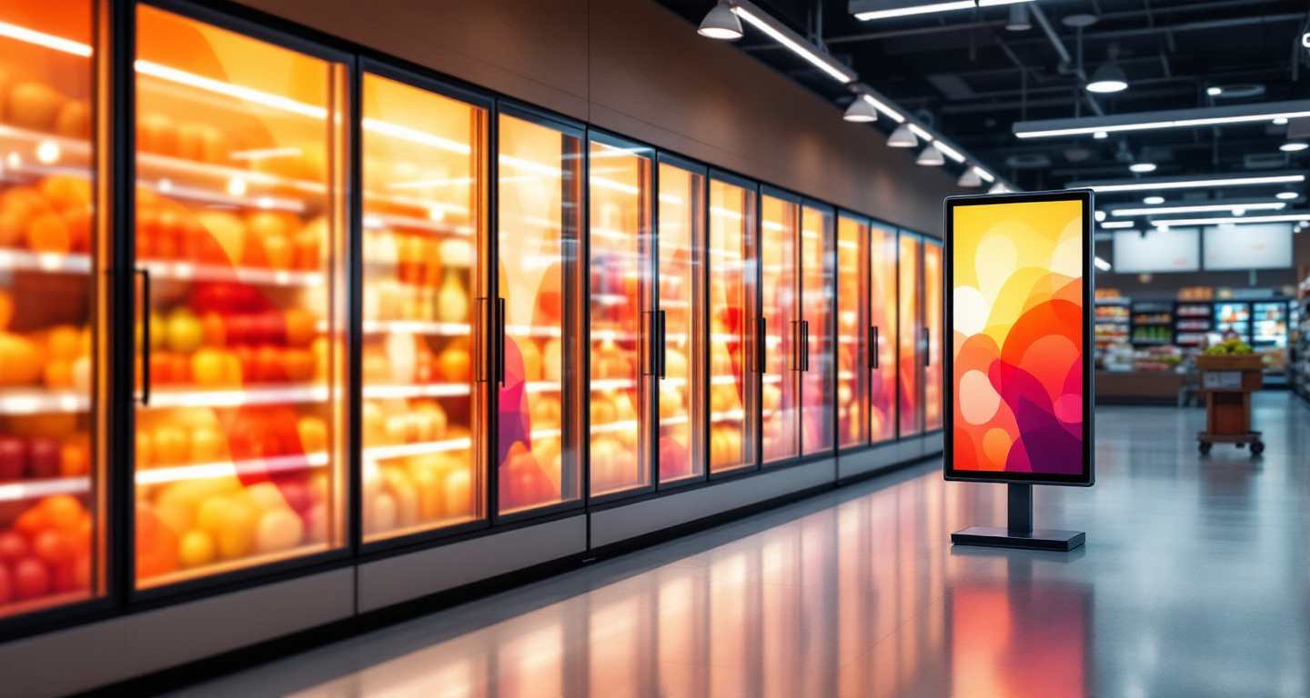 A grocery aisle of glass cooler doors and a freestanding portrait display, all screens showing abstract color gradients